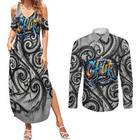 Chur Bro Shaka Sign Couples Matching Summer Maxi Dress and Long Sleeve Button Shirt New Zealand Koru Colorful Graffiti Splash TS04 Multicolor - Polynesian Pride