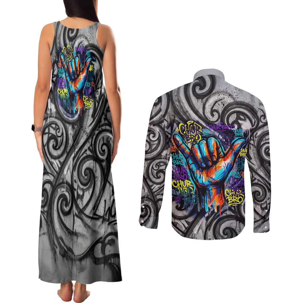 Chur Bro Shaka Sign Couples Matching Tank Maxi Dress and Long Sleeve Button Shirt New Zealand Koru Colorful Graffiti Splash TS04 - Polynesian Pride