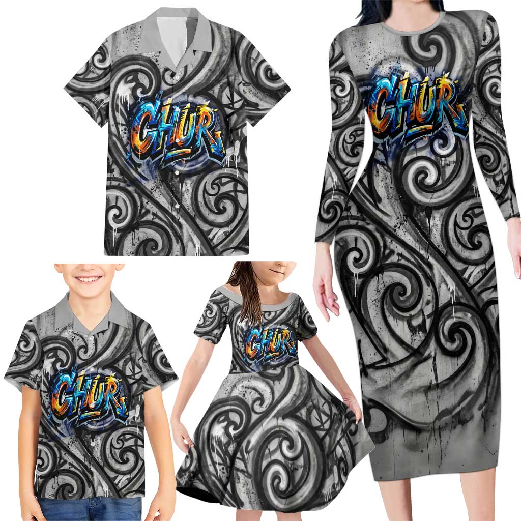 Chur Bro Shaka Sign Family Matching Long Sleeve Bodycon Dress and Hawaiian Shirt New Zealand Koru Colorful Graffiti Splash TS04 - Polynesian Pride