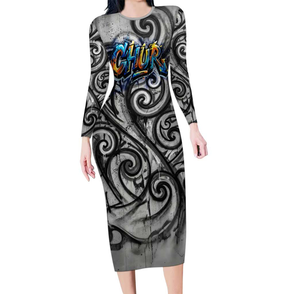 Chur Bro Shaka Sign Family Matching Long Sleeve Bodycon Dress and Hawaiian Shirt New Zealand Koru Colorful Graffiti Splash TS04 Mom's Dress Multicolor - Polynesian Pride