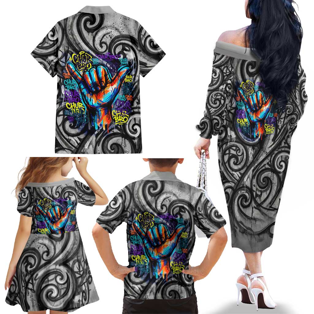 Chur Bro Shaka Sign Family Matching Off The Shoulder Long Sleeve Dress and Hawaiian Shirt New Zealand Koru Colorful Graffiti Splash TS04 - Polynesian Pride
