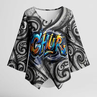 Chur Bro Shaka Sign Kimono Sleeve Blouse New Zealand Koru Colorful Graffiti Splash