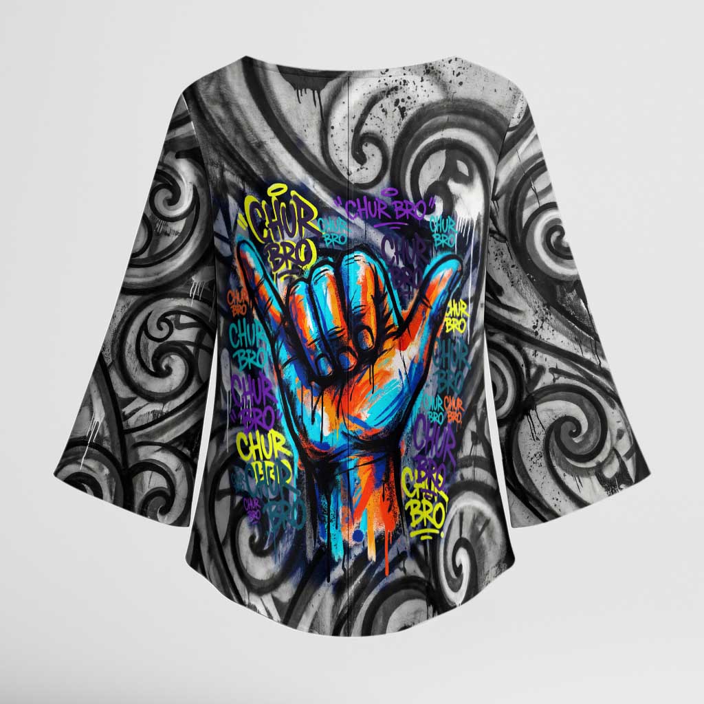 Chur Bro Shaka Sign Kimono Sleeve Blouse New Zealand Koru Colorful Graffiti Splash