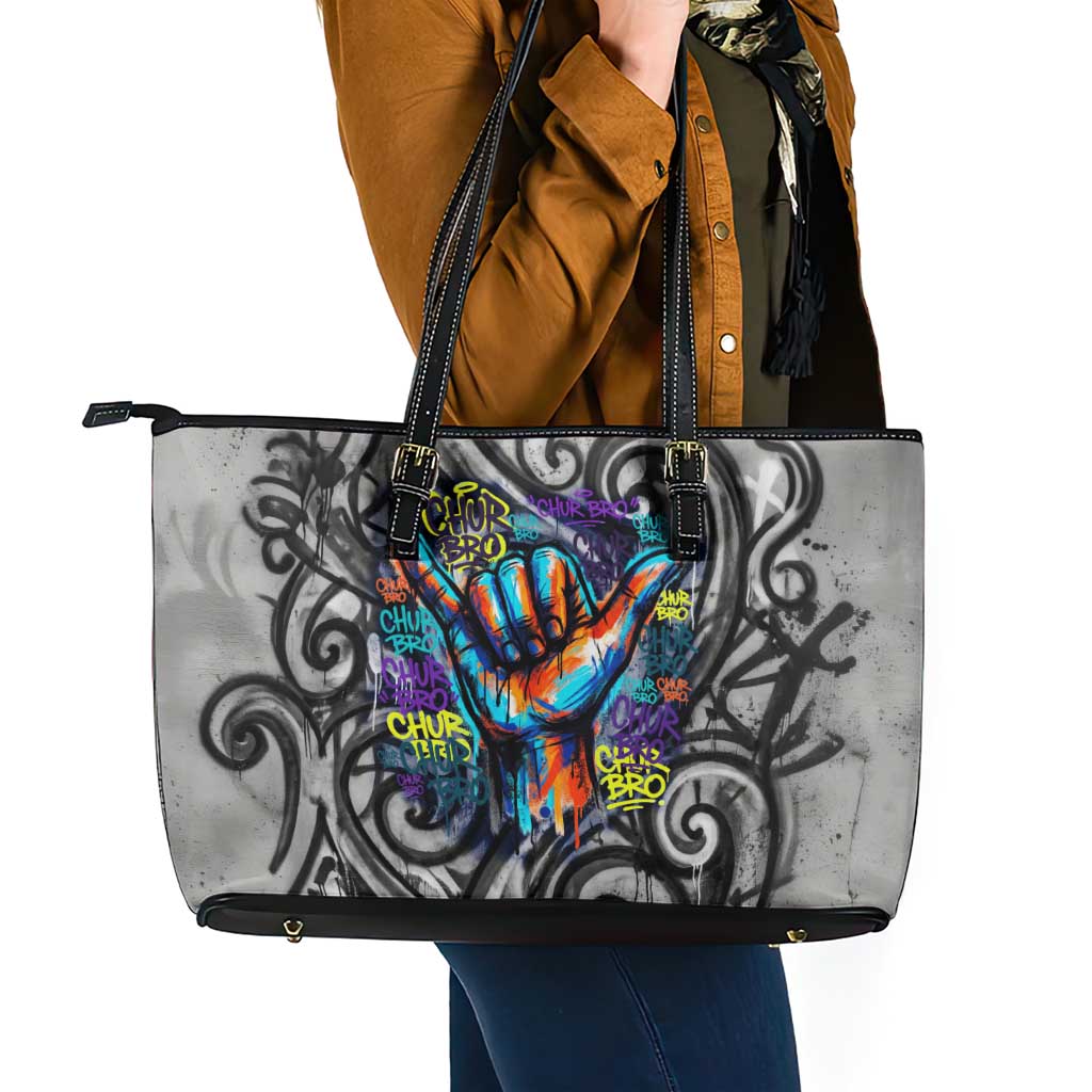 Chur Bro Shaka Sign Leather Tote Bag New Zealand Koru Colorful Graffiti Splash