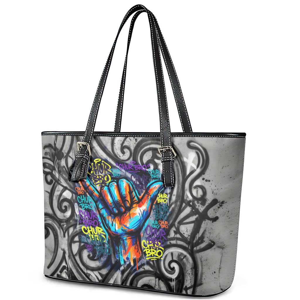 Chur Bro Shaka Sign Leather Tote Bag New Zealand Koru Colorful Graffiti Splash