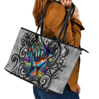 Chur Bro Shaka Sign Leather Tote Bag New Zealand Koru Colorful Graffiti Splash