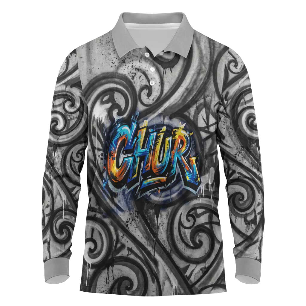 Chur Bro Shaka Sign Long Sleeve Polo Shirt New Zealand Koru Colorful Graffiti Splash TS04 Multicolor - Polynesian Pride