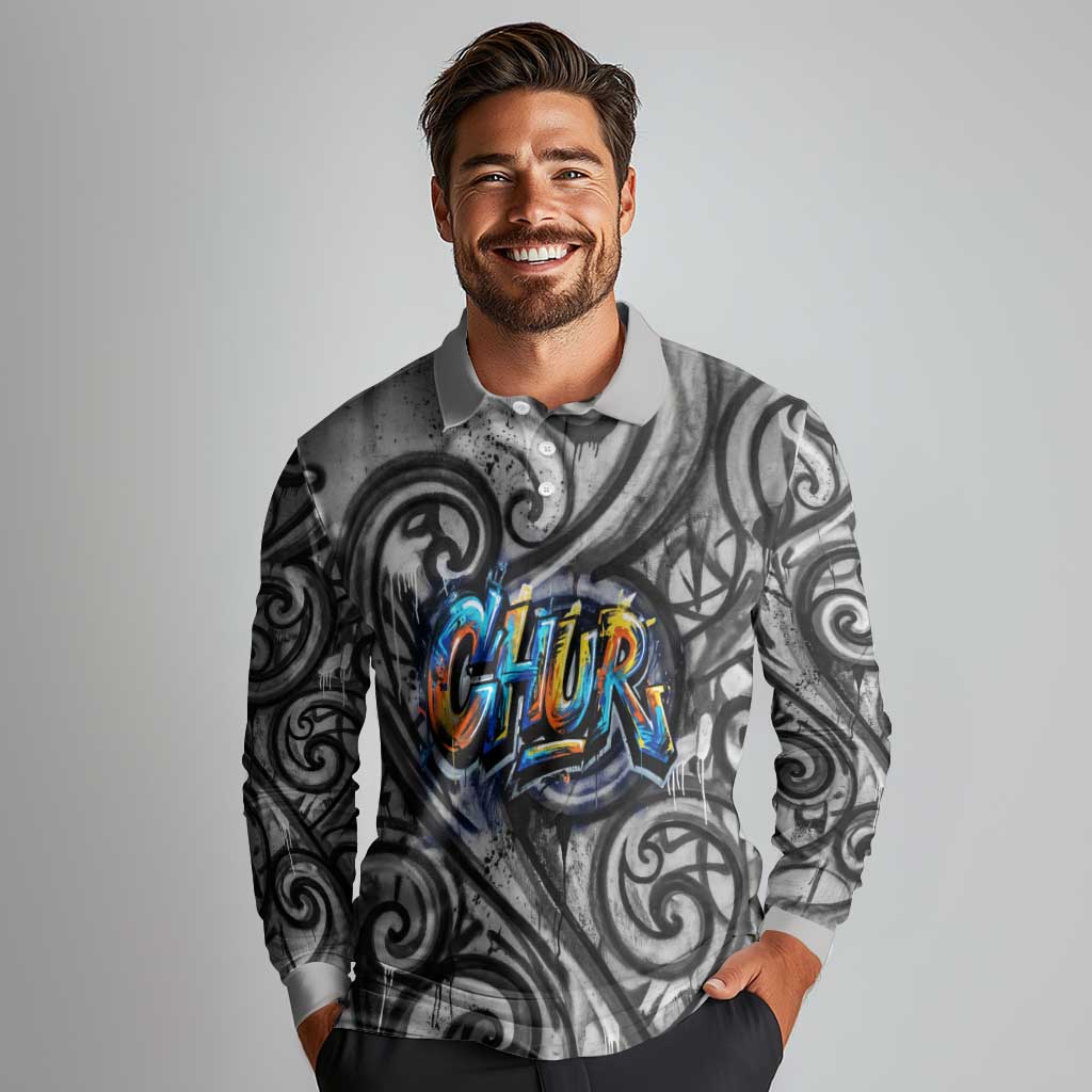 Chur Bro Shaka Sign Long Sleeve Polo Shirt New Zealand Koru Colorful Graffiti Splash TS04 - Polynesian Pride
