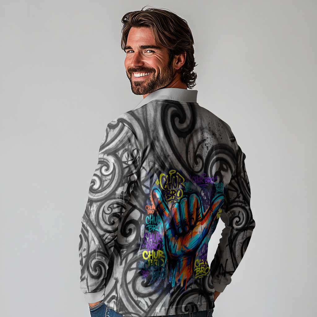 Chur Bro Shaka Sign Long Sleeve Polo Shirt New Zealand Koru Colorful Graffiti Splash TS04 - Polynesian Pride