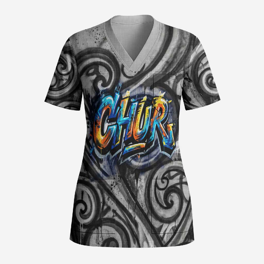 Chur Bro Shaka Sign Scrub Top New Zealand Koru Colorful Graffiti Splash TS04 Adult Multicolor - Polynesian Pride