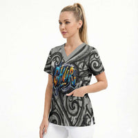 Chur Bro Shaka Sign Scrub Top New Zealand Koru Colorful Graffiti Splash