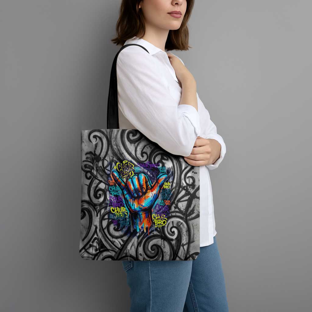 Chur Bro Shaka Sign Tote Bag New Zealand Koru Colorful Graffiti Splash