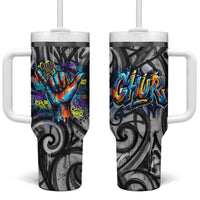 Chur Bro Shaka Sign Tumbler With Handle New Zealand Koru Colorful Graffiti Splash