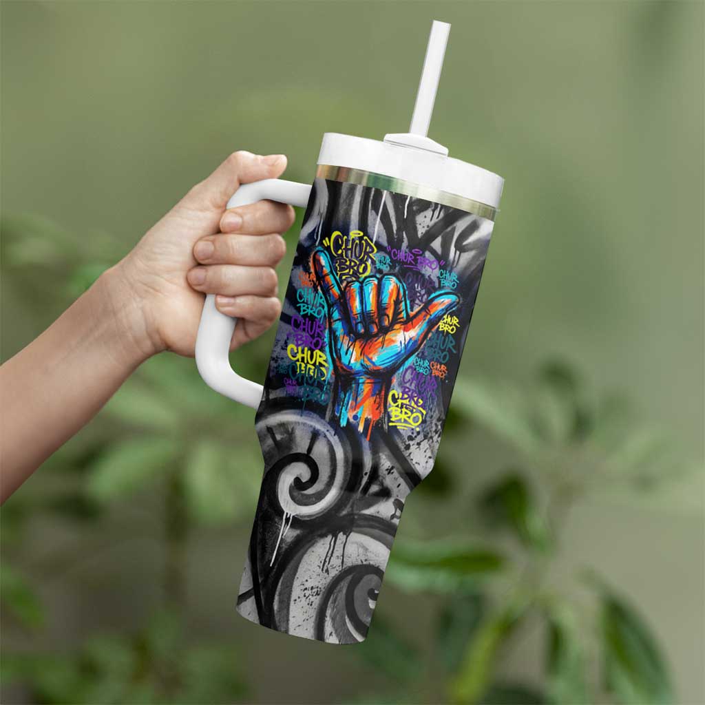 Chur Bro Shaka Sign Tumbler With Handle New Zealand Koru Colorful Graffiti Splash
