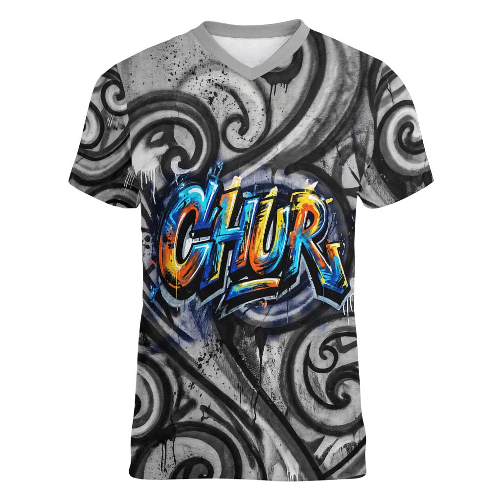 Chur Bro Shaka Sign Women V-Neck T-Shirt New Zealand Koru Colorful Graffiti Splash TS04 Female Multicolor - Polynesian Pride