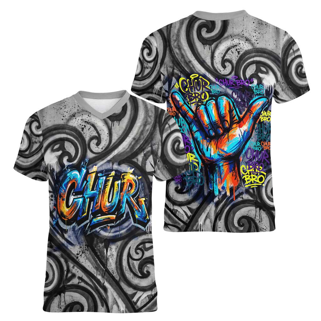 Chur Bro Shaka Sign Women V-Neck T-Shirt New Zealand Koru Colorful Graffiti Splash TS04 - Polynesian Pride