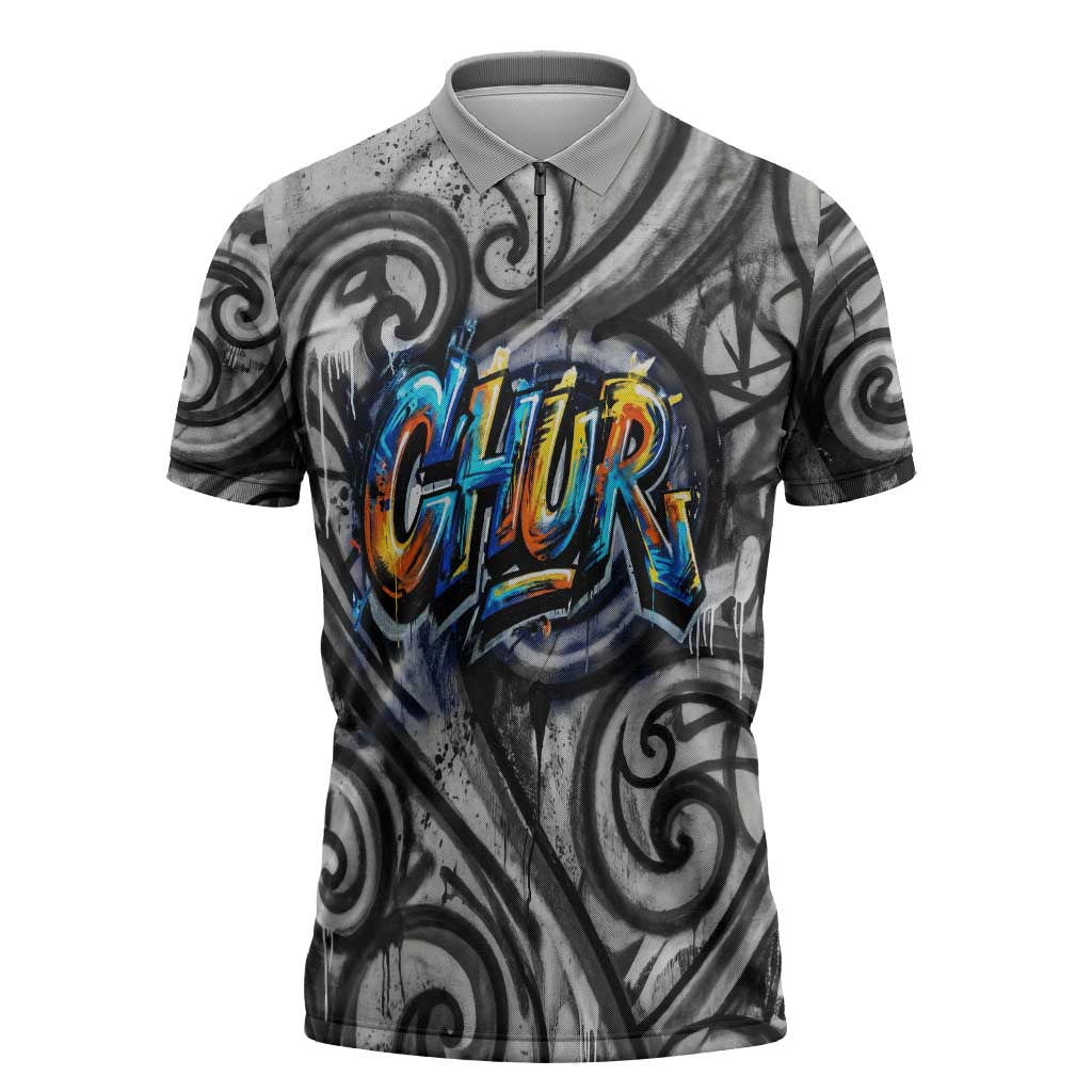 Chur Bro Shaka Sign Zipper Polo Shirt New Zealand Koru Colorful Graffiti Splash TS04 Multicolor - Polynesian Pride