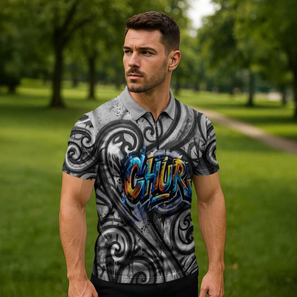 Chur Bro Shaka Sign Zipper Polo Shirt New Zealand Koru Colorful Graffiti Splash TS04 - Polynesian Pride
