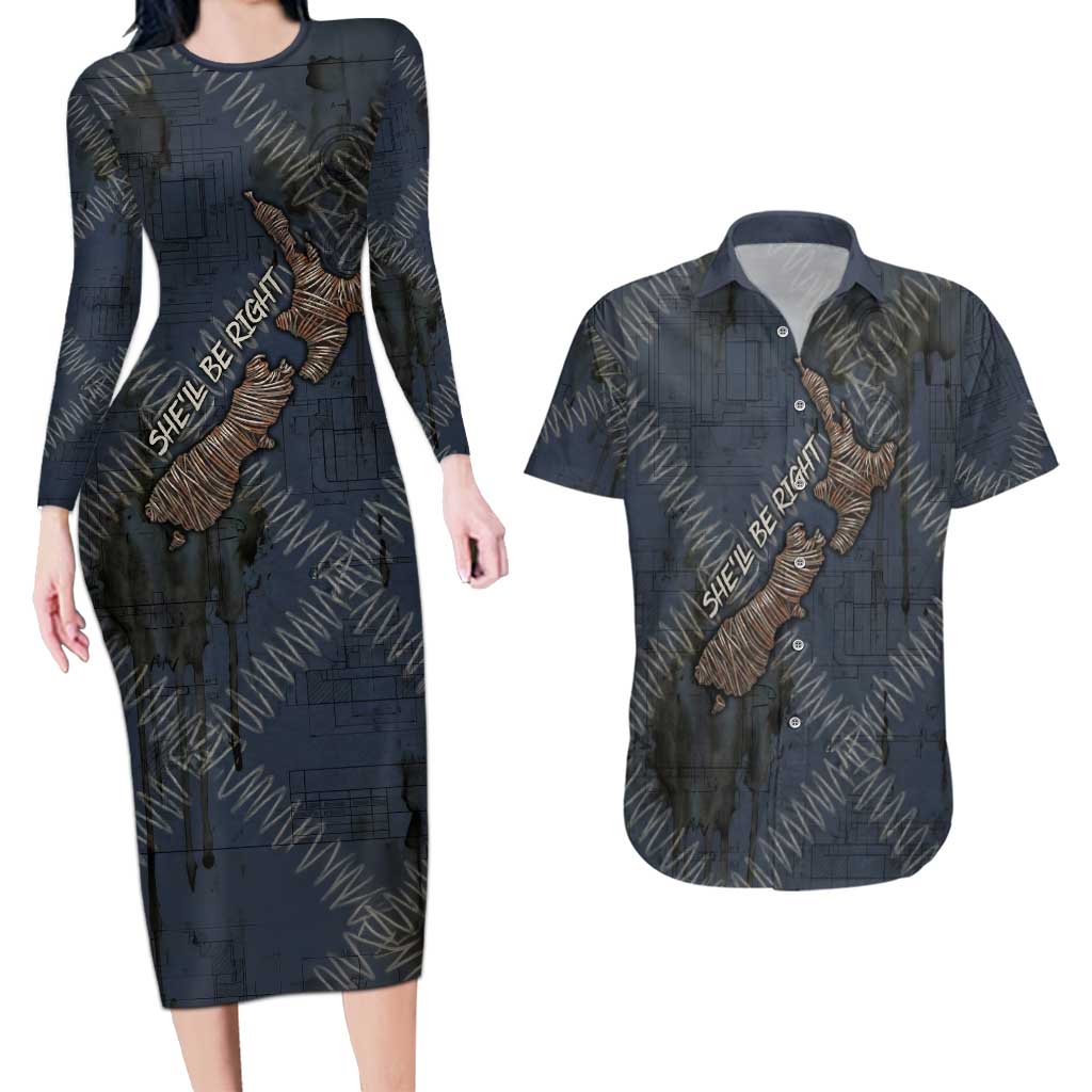 New Zealand She’ll Be Right Couples Matching Long Sleeve Bodycon Dress and Hawaiian Shirt NZ Slang No. 8 Wire Map Pattern TS04 Navy Slate - Polynesian Pride