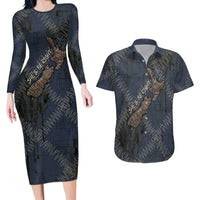 New Zealand She’ll Be Right Couples Matching Long Sleeve Bodycon Dress and Hawaiian Shirt NZ Slang No. 8 Wire Map Pattern TS04 Navy Slate - Polynesian Pride