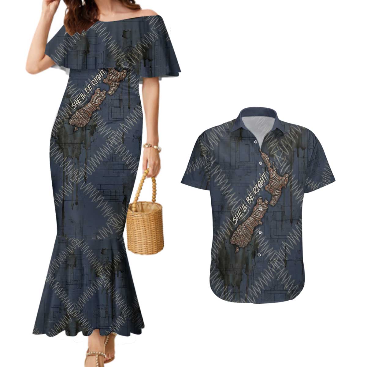 New Zealand She’ll Be Right Couples Matching Mermaid Dress and Hawaiian Shirt NZ Slang No. 8 Wire Map Pattern TS04 Navy Slate - Polynesian Pride