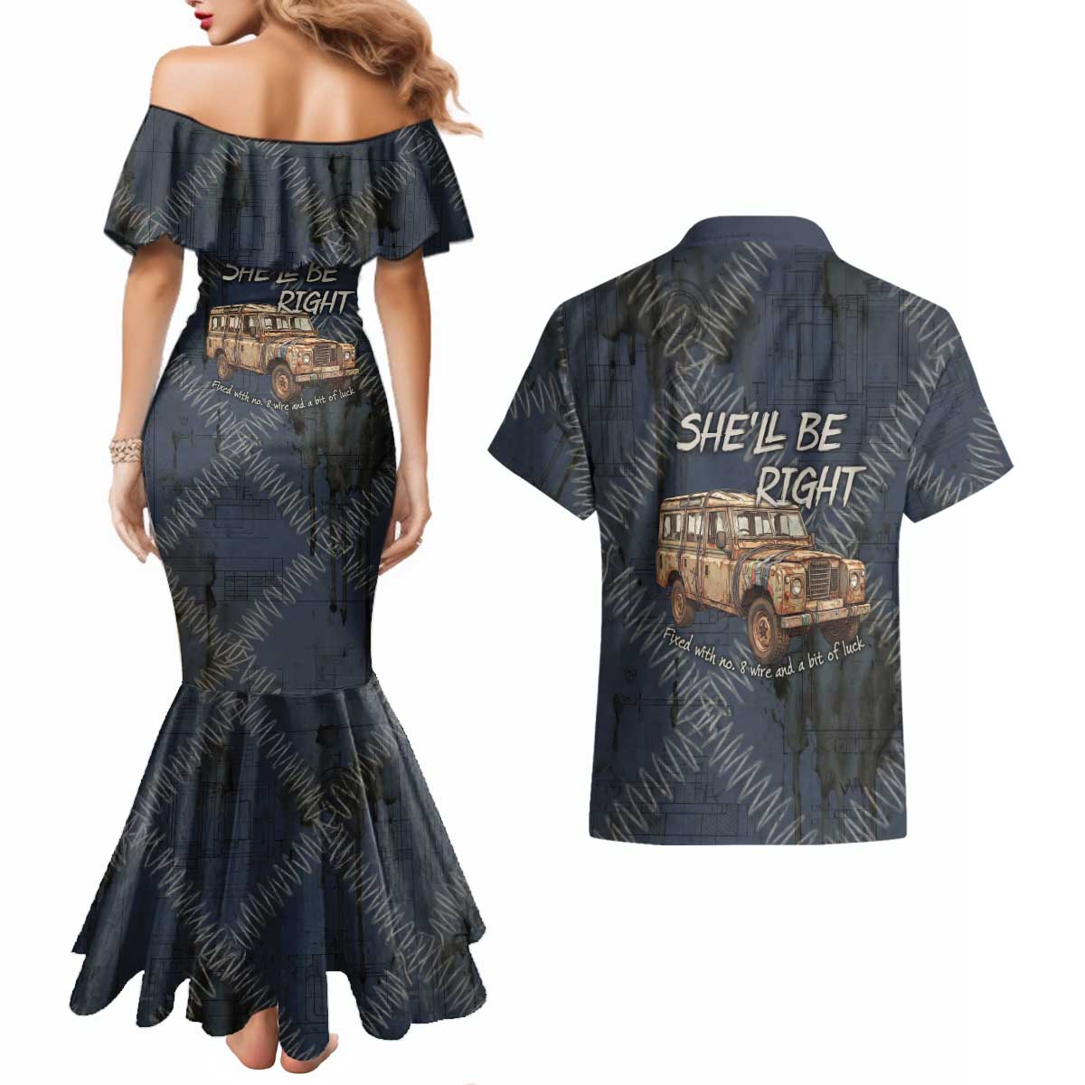 New Zealand She’ll Be Right Couples Matching Mermaid Dress and Hawaiian Shirt NZ Slang No. 8 Wire Map Pattern