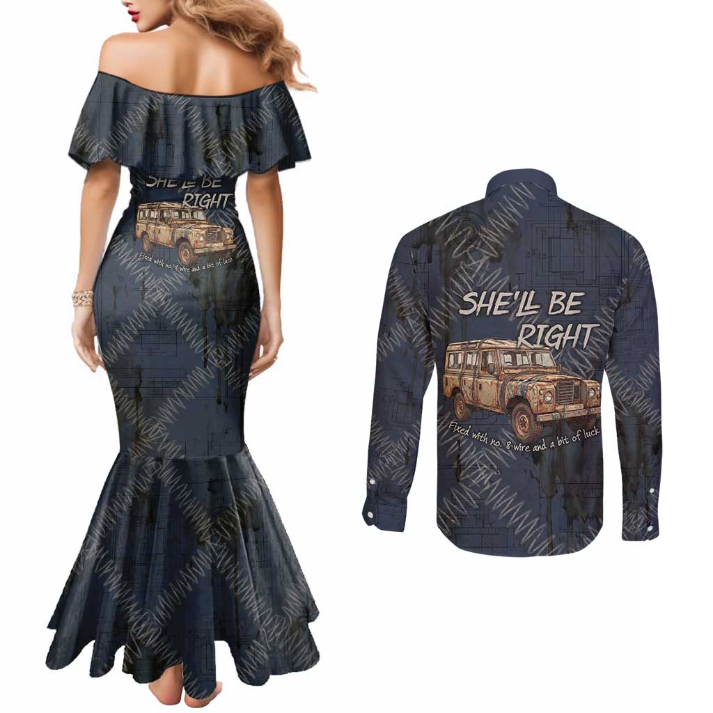 New Zealand She’ll Be Right Couples Matching Mermaid Dress and Long Sleeve Button Shirt NZ Slang No. 8 Wire Map Pattern
