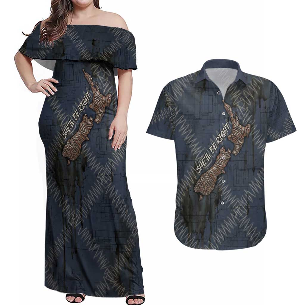 New Zealand She’ll Be Right Couples Matching Off Shoulder Maxi Dress and Hawaiian Shirt NZ Slang No. 8 Wire Map Pattern