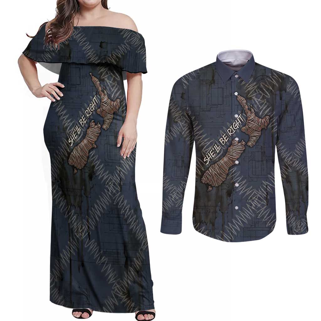 New Zealand She’ll Be Right Couples Matching Off Shoulder Maxi Dress and Long Sleeve Button Shirt NZ Slang No. 8 Wire Map Pattern