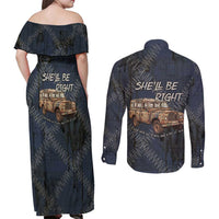 New Zealand She’ll Be Right Couples Matching Off Shoulder Maxi Dress and Long Sleeve Button Shirt NZ Slang No. 8 Wire Map Pattern