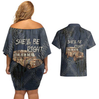 New Zealand She’ll Be Right Couples Matching Off Shoulder Short Dress and Hawaiian Shirt NZ Slang No. 8 Wire Map Pattern