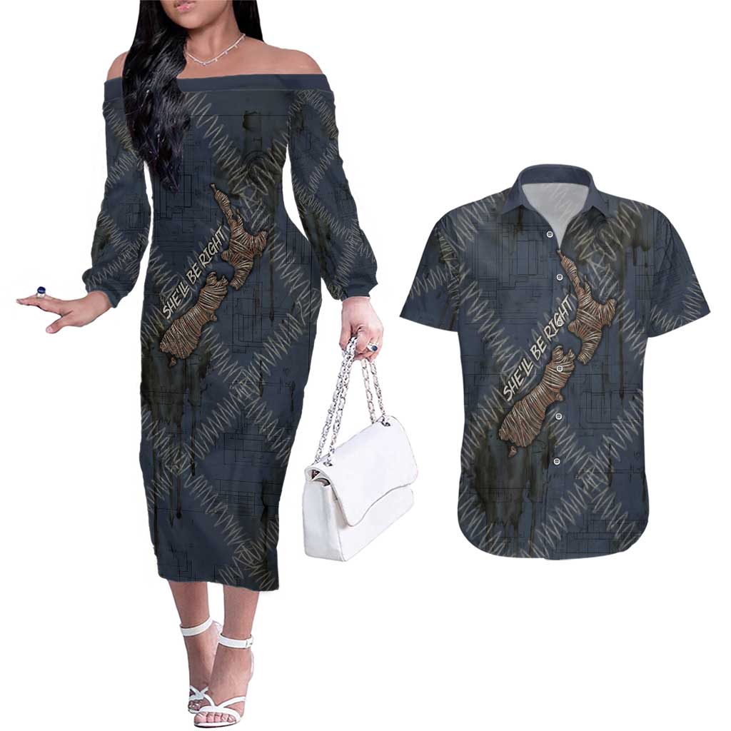 New Zealand She’ll Be Right Couples Matching Off The Shoulder Long Sleeve Dress and Hawaiian Shirt NZ Slang No. 8 Wire Map Pattern TS04 Navy Slate - Polynesian Pride