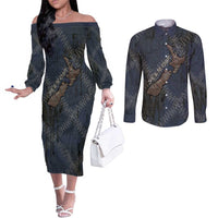 New Zealand She’ll Be Right Couples Matching Off The Shoulder Long Sleeve Dress and Long Sleeve Button Shirt NZ Slang No. 8 Wire Map Pattern TS04 Navy Slate - Polynesian Pride