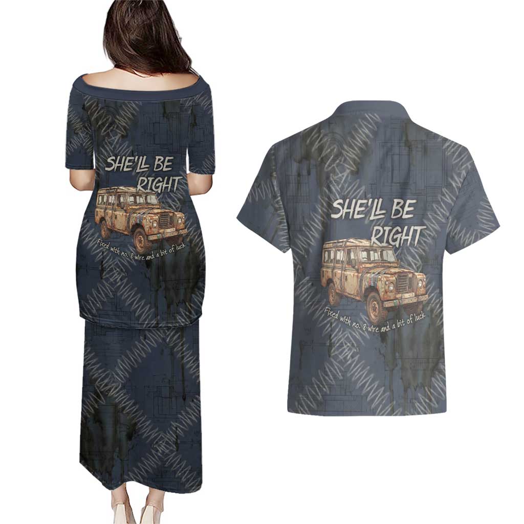 New Zealand She’ll Be Right Couples Matching Puletasi and Hawaiian Shirt NZ Slang No. 8 Wire Map Pattern