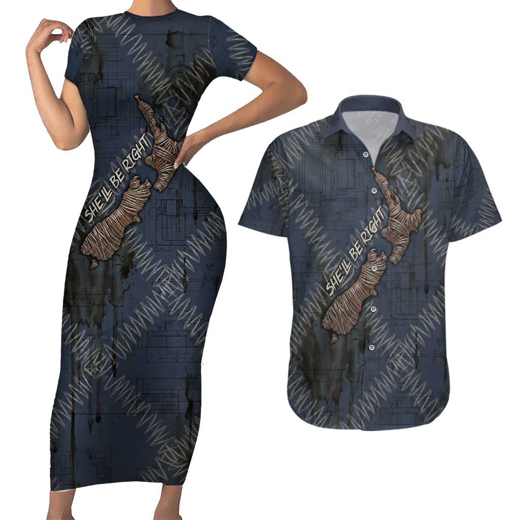 New Zealand She’ll Be Right Couples Matching Short Sleeve Bodycon Dress and Hawaiian Shirt NZ Slang No. 8 Wire Map Pattern TS04 Navy Slate - Polynesian Pride