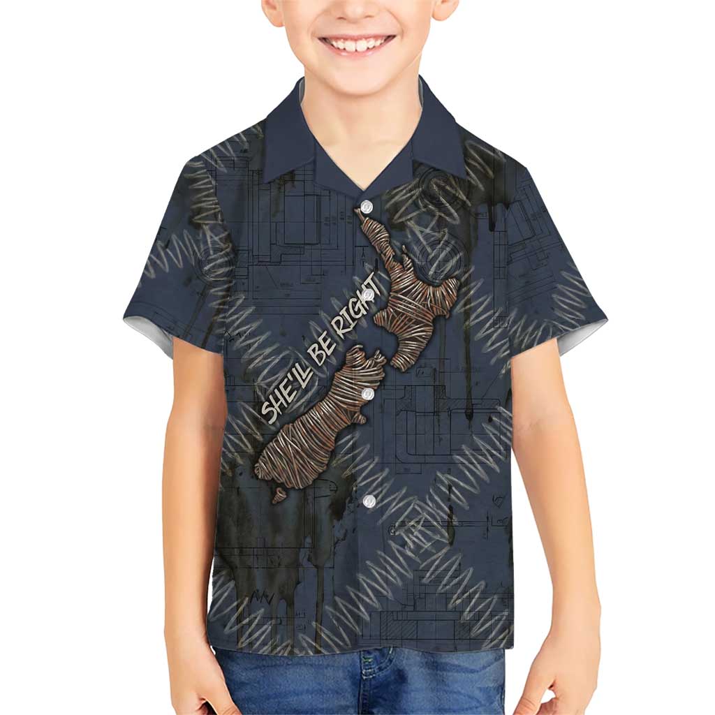 New Zealand She’ll Be Right Family Matching Long Sleeve Bodycon Dress and Hawaiian Shirt NZ Slang No. 8 Wire Map Pattern TS04 Son's Shirt Navy Slate - Polynesian Pride