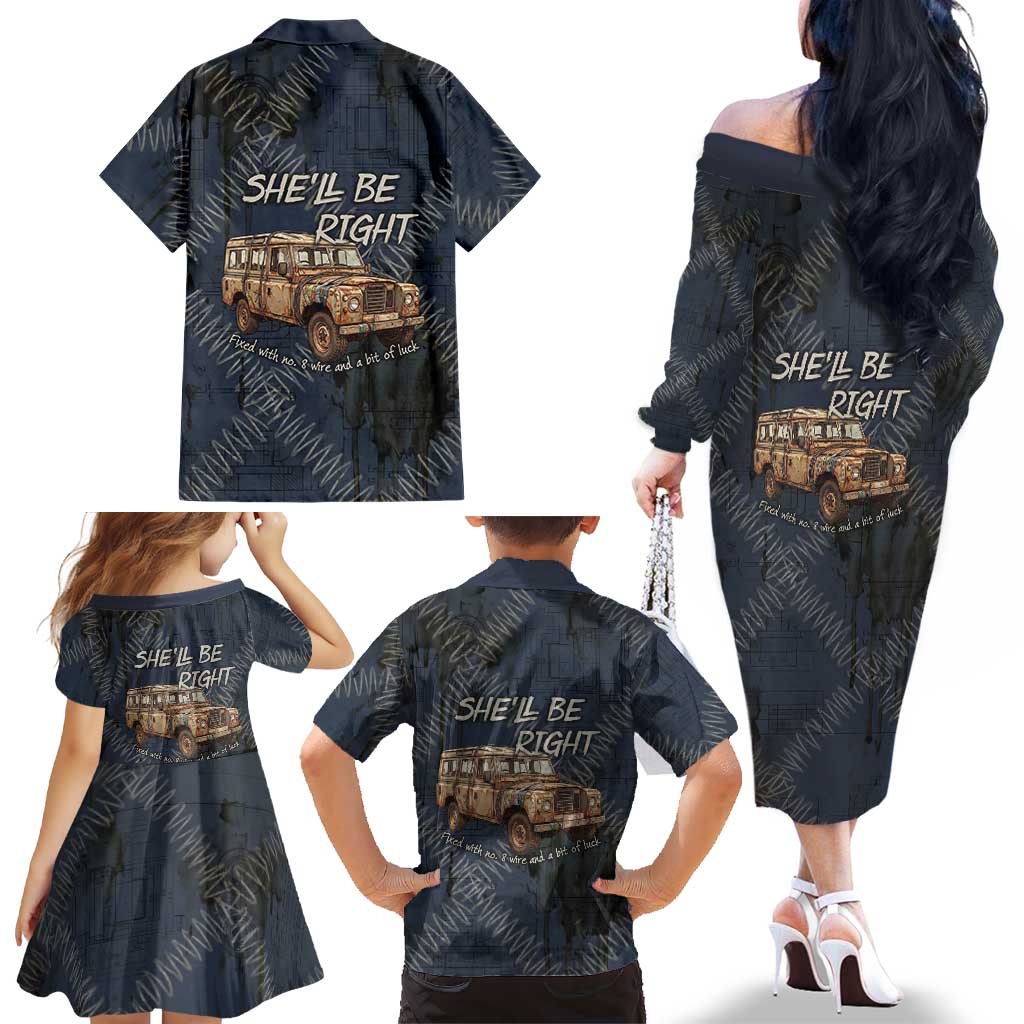 New Zealand She’ll Be Right Family Matching Off The Shoulder Long Sleeve Dress and Hawaiian Shirt NZ Slang No. 8 Wire Map Pattern TS04 - Polynesian Pride