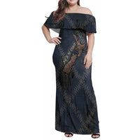 New Zealand She’ll Be Right Family Matching Off Shoulder Maxi Dress and Hawaiian Shirt NZ Slang No. 8 Wire Map Pattern TS04 Mom's Dress Navy Slate - Polynesian Pride