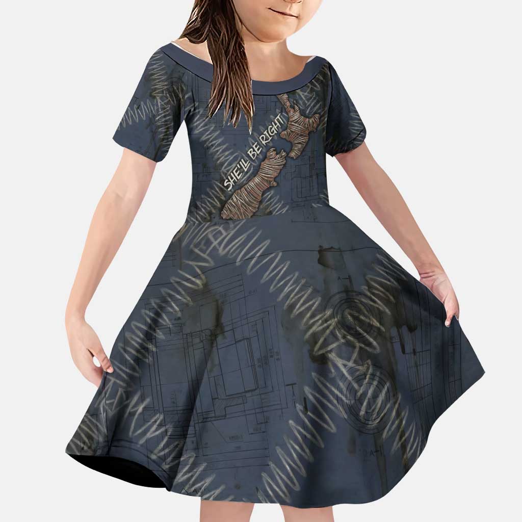 New Zealand She’ll Be Right Family Matching Off Shoulder Short Dress and Hawaiian Shirt NZ Slang No. 8 Wire Map Pattern TS04 Daughter's Dress Navy Slate - Polynesian Pride