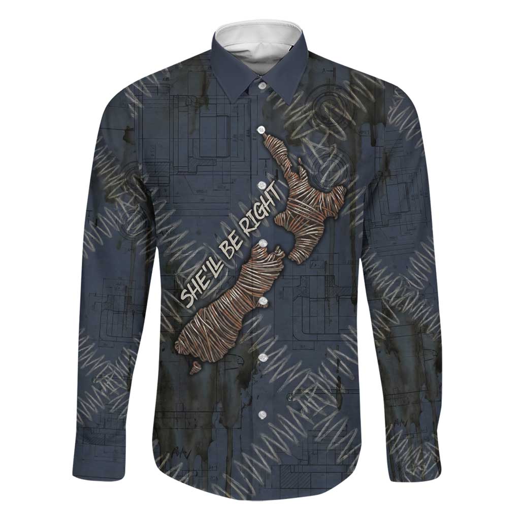 New Zealand She’ll Be Right Family Matching Puletasi and Hawaiian Shirt NZ Slang No. 8 Wire Map Pattern TS04 Dad's Shirt - Long Sleeve Navy Slate - Polynesian Pride