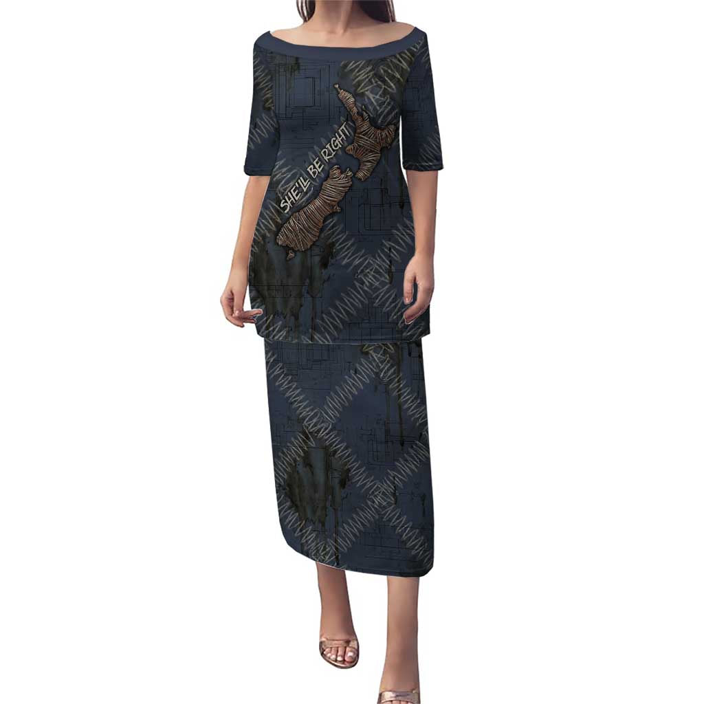 New Zealand She’ll Be Right Family Matching Puletasi and Hawaiian Shirt NZ Slang No. 8 Wire Map Pattern TS04 Mom's Dress Navy Slate - Polynesian Pride