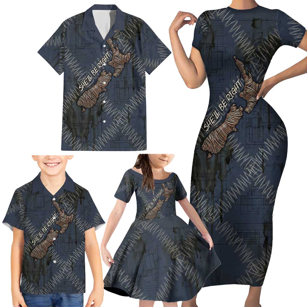 New Zealand She’ll Be Right Family Matching Short Sleeve Bodycon Dress and Hawaiian Shirt NZ Slang No. 8 Wire Map Pattern TS04 - Polynesian Pride