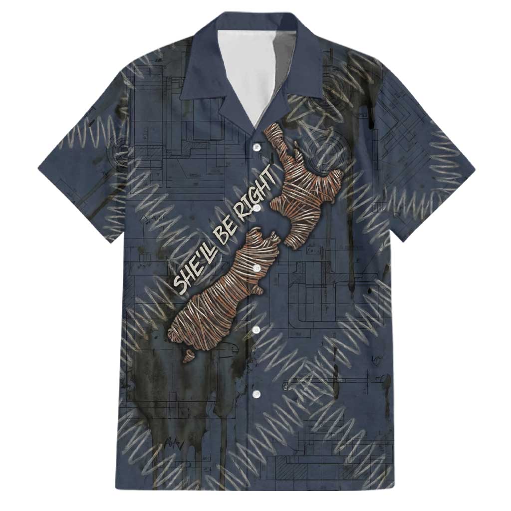 New Zealand She’ll Be Right Family Matching Tank Maxi Dress and Hawaiian Shirt NZ Slang No. 8 Wire Map Pattern TS04 Dad's Shirt - Short Sleeve Navy Slate - Polynesian Pride