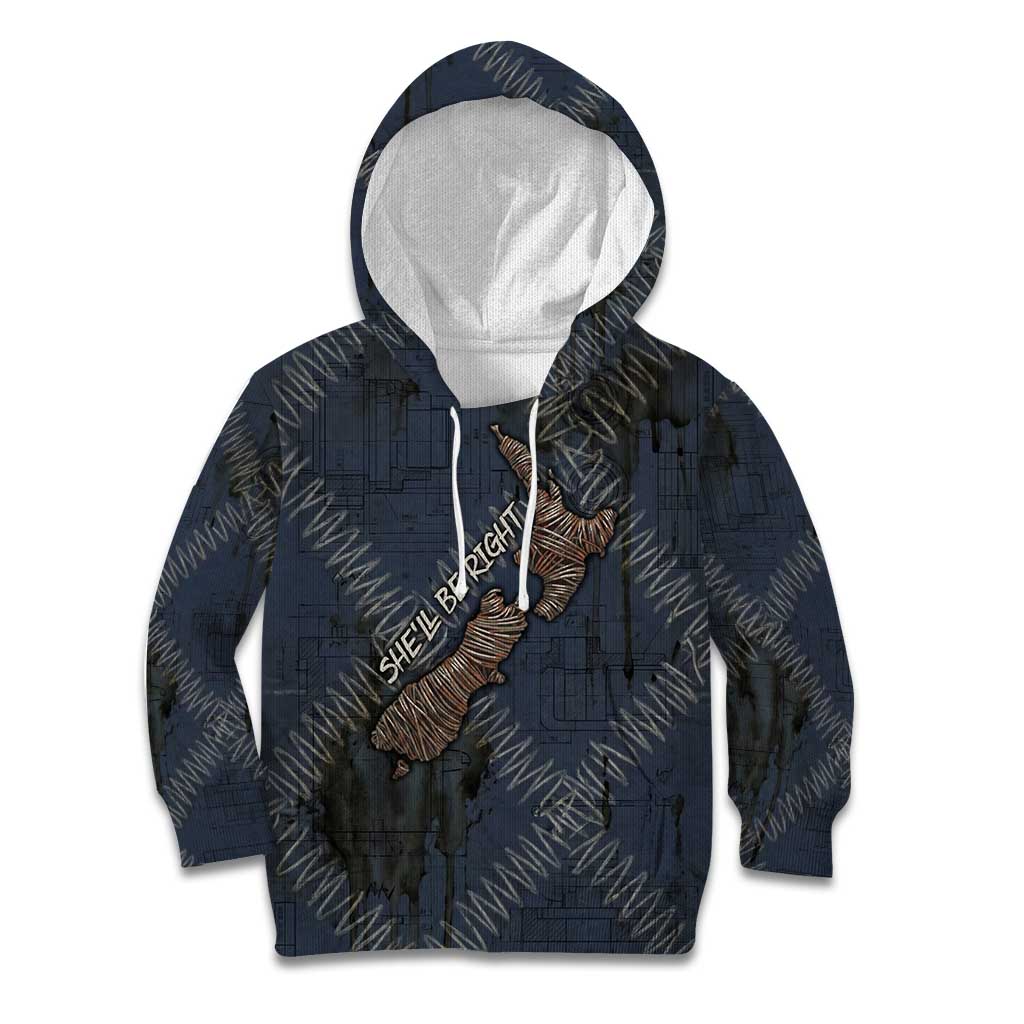 New Zealand She’ll Be Right Kid Hoodie NZ Slang No. 8 Wire Map Pattern