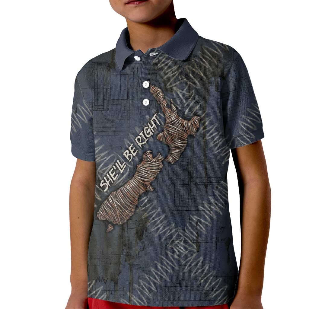 New Zealand She’ll Be Right Kid Polo Shirt NZ Slang No. 8 Wire Map Pattern TS04 Kid Navy Slate - Polynesian Pride