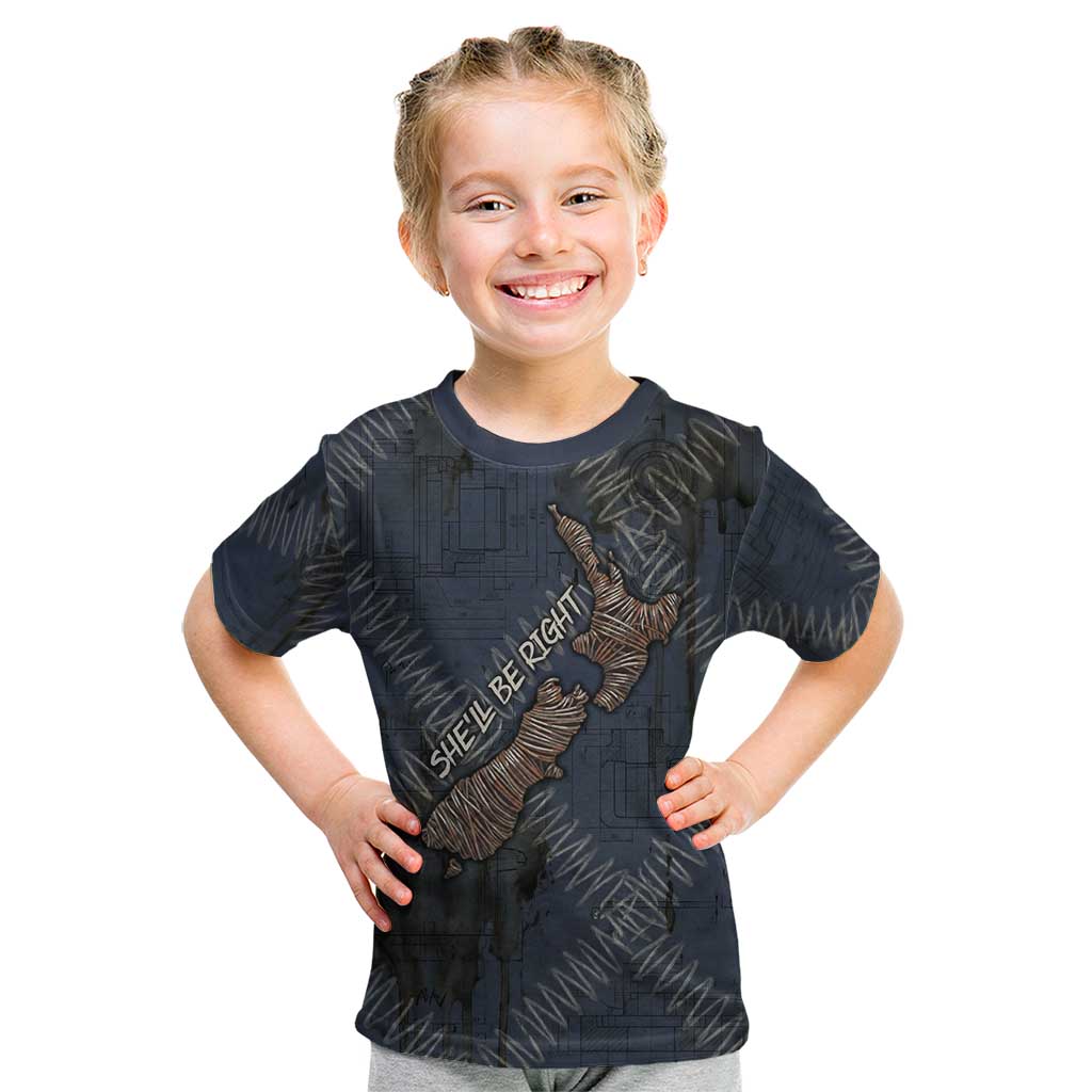 New Zealand She’ll Be Right Kid T Shirt NZ Slang No. 8 Wire Map Pattern TS04 Navy Slate - Polynesian Pride