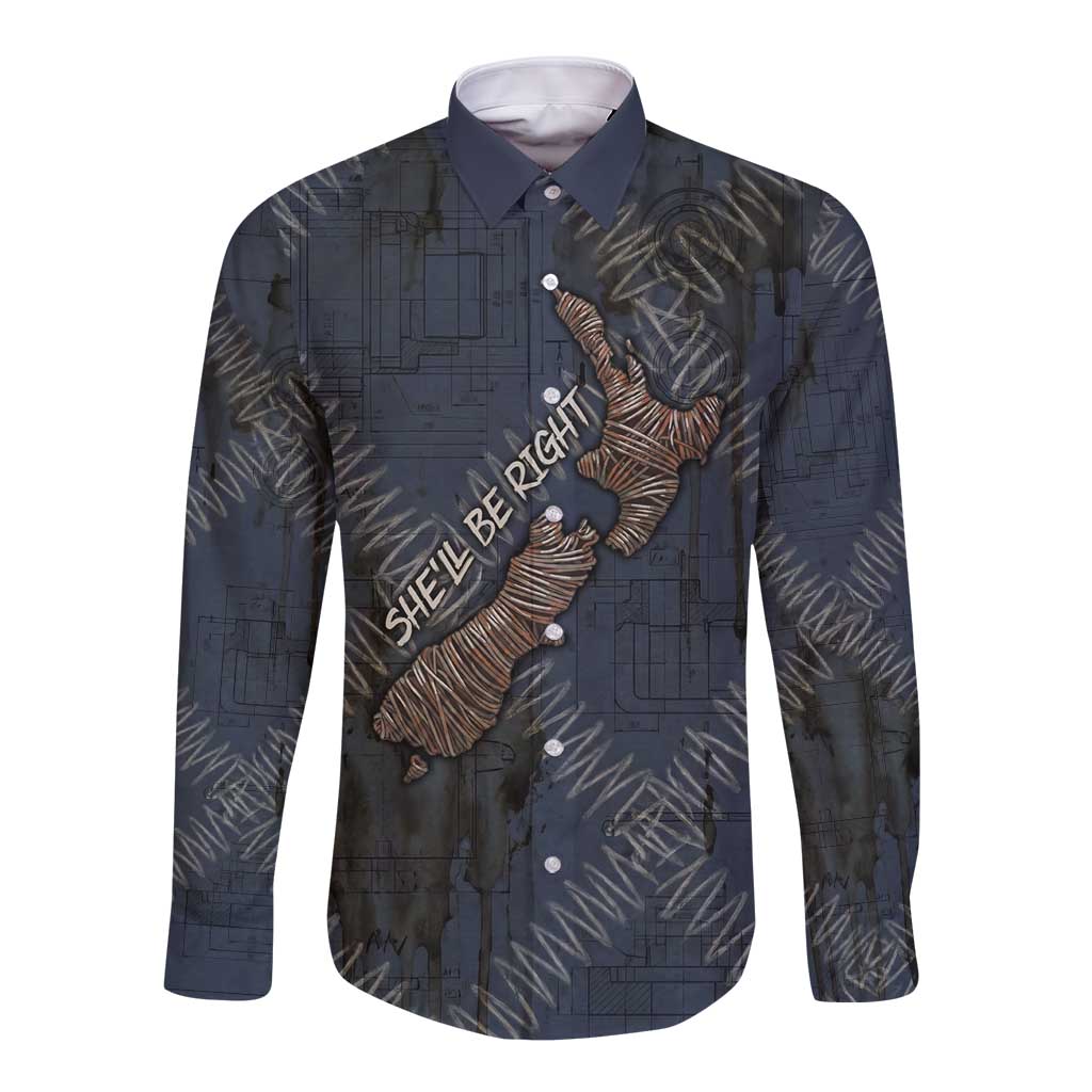 New Zealand She’ll Be Right Long Sleeve Button Shirt NZ Slang No. 8 Wire Map Pattern TS04 Unisex Navy Slate - Polynesian Pride