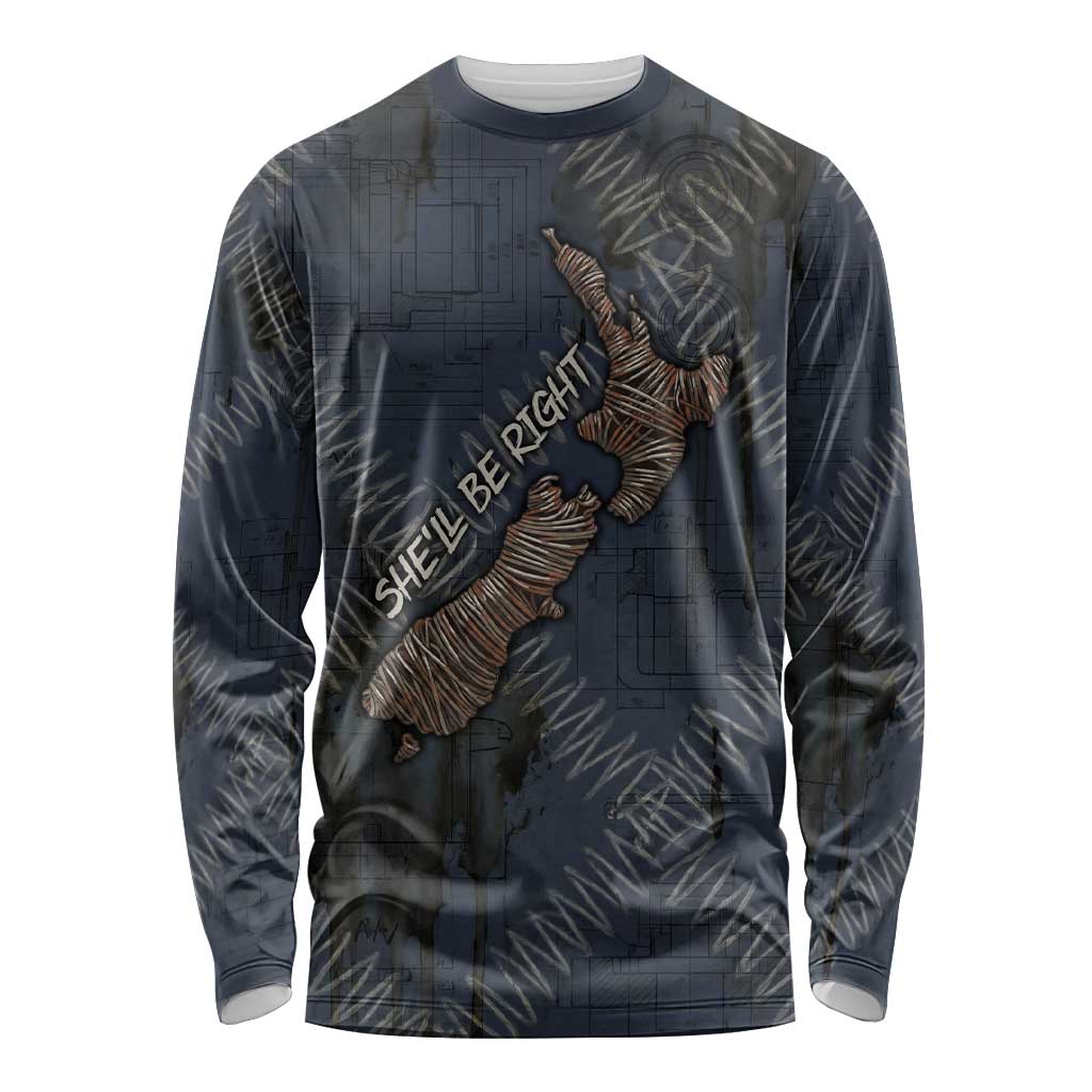 New Zealand She’ll Be Right Long Sleeve Shirt NZ Slang No. 8 Wire Map Pattern TS04 Unisex Navy Slate - Polynesian Pride