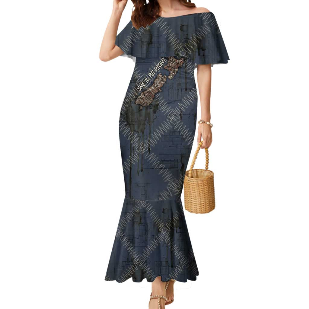 New Zealand She’ll Be Right Mermaid Dress NZ Slang No. 8 Wire Map Pattern TS04 Women Navy Slate - Polynesian Pride
