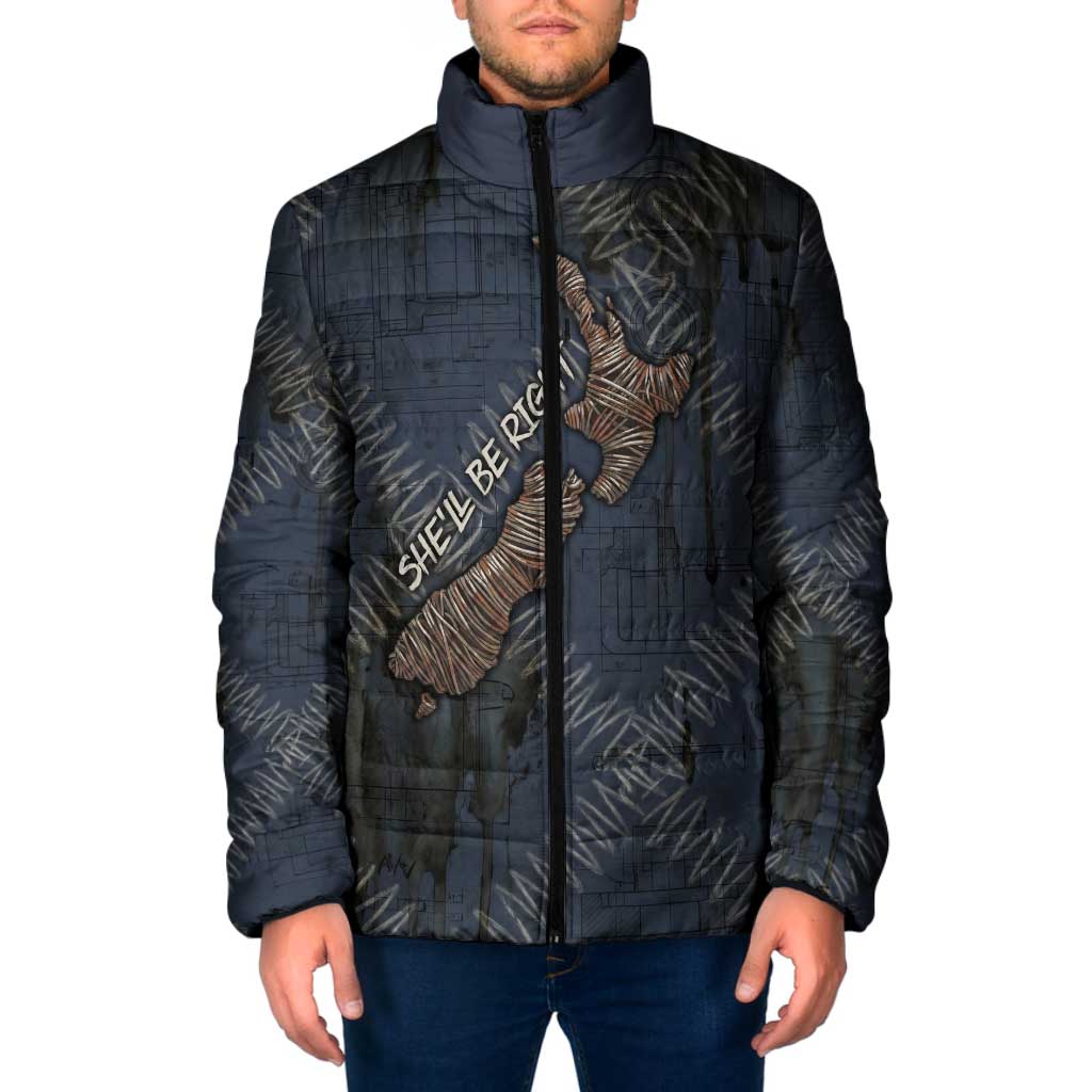 New Zealand She’ll Be Right Padded Jacket NZ Slang No. 8 Wire Map Pattern TS04 Men Navy Slate - Polynesian Pride